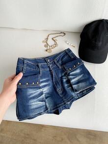 Elamini 女士休闲工装口袋牛仔短裤 - 藍色 - 查看 1