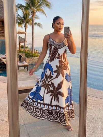 SHEIN Lady CURVE Plus Size Tropical Print Sleeveless Casual Dress