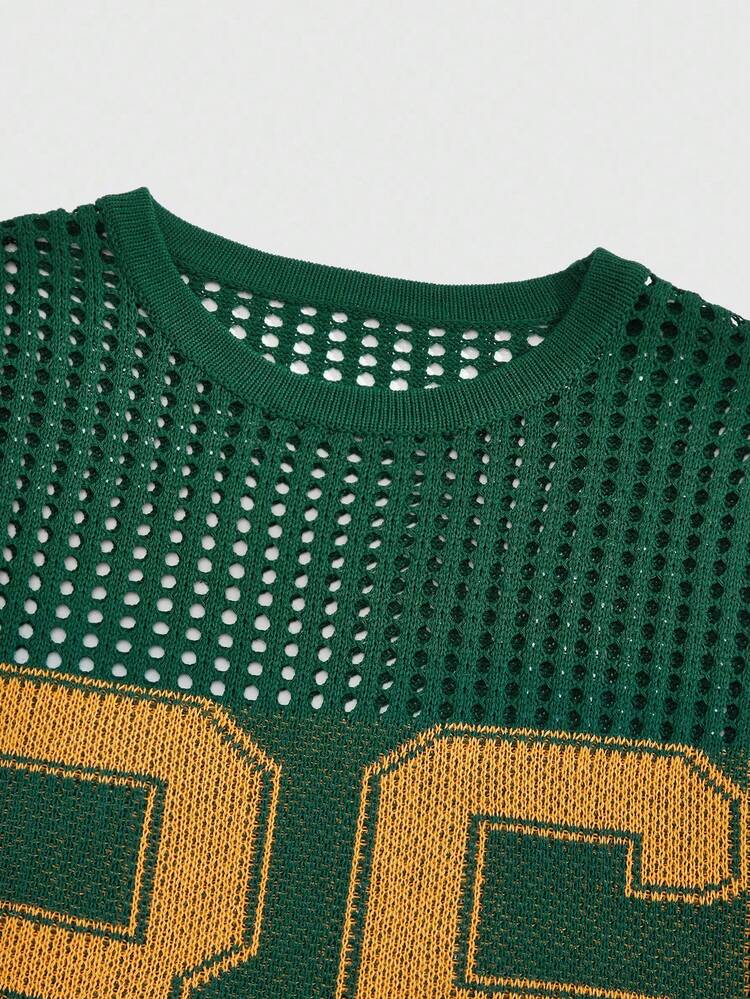 ROMWE MEN Street Life Older Kids' Street Style Jacquard Hollow-Out Knit Top - Dark Green - View 3