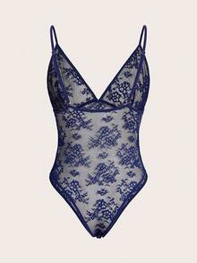 SHEIN Mono de lencería de encaje floral - Azul Marino - Ver 2