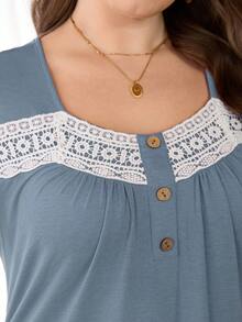 Lacomfia Plus Size Solid Color Short Sleeve Lace Trim Casual Knit T-Shirt - Blue - View 6