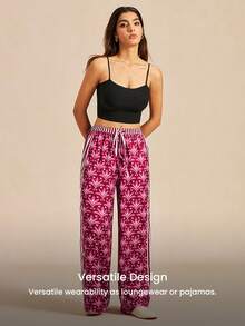 LUVLETTE Versatile Daily Burgundy Floral Wide-Leg Pants - Stripe-Accented Lounge Trousers Multi-Wear Home & Casual Wear Curve Lingerie Culotte Pyjama - Pink - View 10