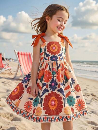 SHEIN Young Girl  Floral Print Dress Kids Colorful Flower Dress Young Girls Summer Dress Girls Bowknot Strap Dress Teen Floral Dress Bohemela Summer Dresses Girls Spaghetti Strap Floral Print Mini Dress With Bow Details For Summer Outfits