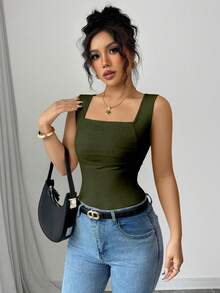 Rafferiza Women's Solid Color Square Neck Sleeveless Fitted Casual Elegant Tank Top For Summer - Army Green - View 3