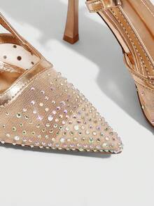 CUCCOO SZL Women's Pointed Toe High Heel Black Mesh Rhinestone Embellished Fashionable Sexy Glamorous Party Occasion Stilettos With Ankle Strap - Champagne 1 - View 2