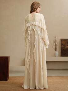 Women's Chiffon & Lace Patchwork Dress, Round Neck Raglan Sleeve Loose Sheer Ruffle Hem Design, Casual Daily Dress - Apricot - View 5