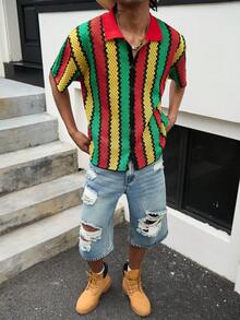 GALLERY FADE Áo thun nam tay ngắn kẻ sọc cổ khóa kéo kiểu dáng thường ngày - Nhiều màu - Xem 4