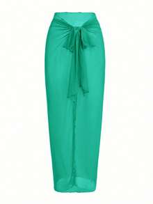 Swim Oasis Traje de baño de una pieza con panel de malla fruncida de unicolor y falda pareo - verde menta - Ver 4