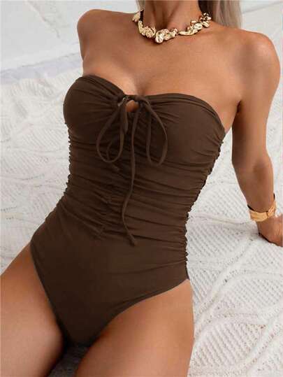 Swim Chiccia Women's Solid Color Front Tie Fashionable One-Piece Swimsuit