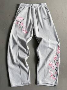 StoneGrade 男士休闲日常通勤度假风樱花字母印花抽绳腰宽松阔腿运动裤 - 灰色 - 查看 1