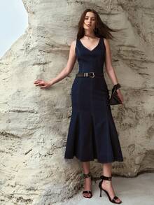 MOTF PREMIUM SLEEVELESS WAIST CINCHED MERMAID HEM DENIM DRESS, SPRING/SUMMER - Dark Wash - View 3