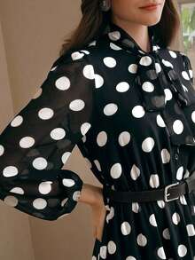 Anewsta Đầm dài tay thanh lịch chất lượng cao dành cho nữ, chất liệu chiffon chấm bi phối ren, thắt eo. - Đen và trắng - Xem 2