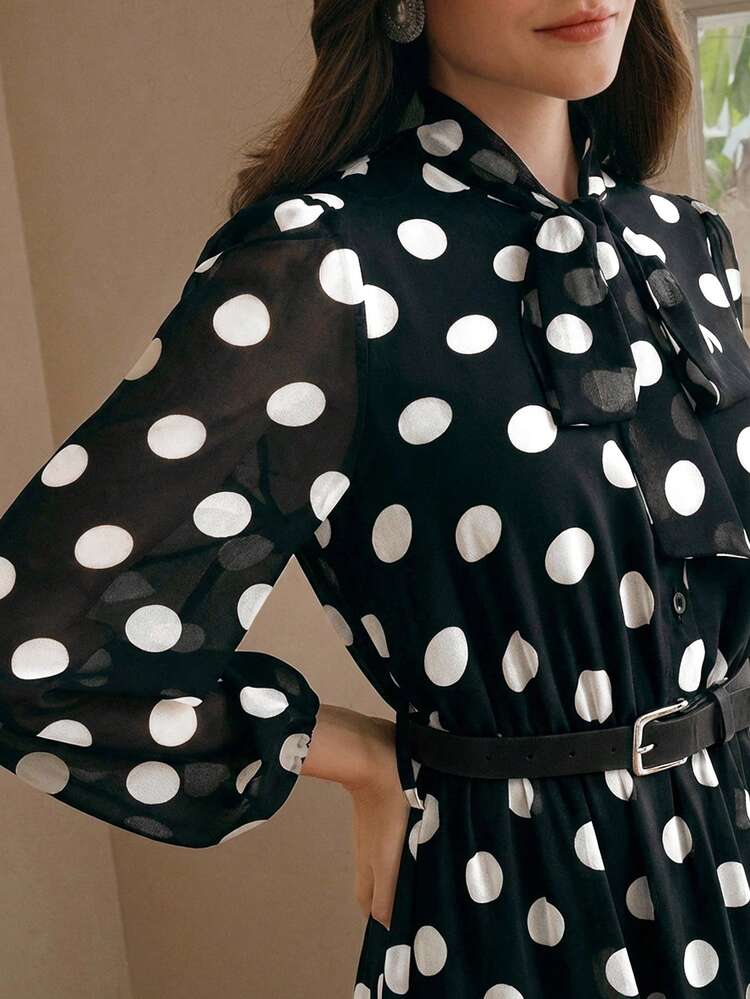 High Quality Fashion Women's Polka Dot Chiffon Lace Splice Tie Waist Long Sleeve Elegant Dress