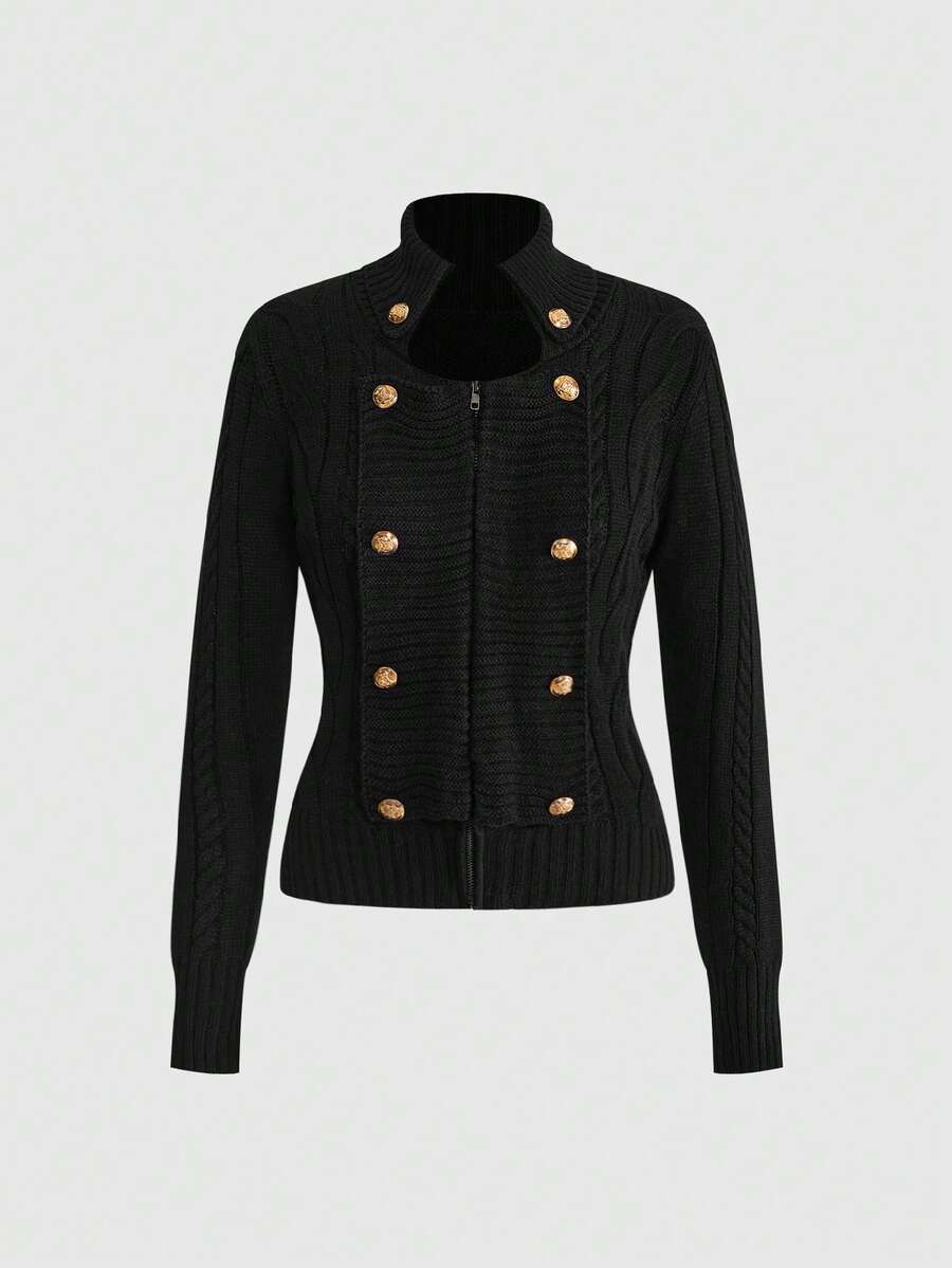 ROMWE Avant Women's Y2K Harajuku Gyaru Metal Buckle Decor Knit Cardigan - Black - View 1