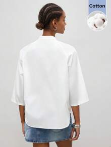 Maija Camisa holgada con botones al frente, cuello alto y mangas raglán con estampado floral para mujer - Blanco - Ver 6