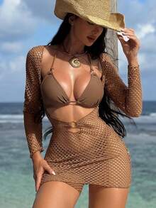 Bonvoyette Bañador bikini triángulo halter liso con cover up - Café integral - Ver 4