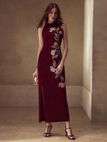 MOTF PREMIUM WOMEN'S ELEGANT FLORAL EMBROIDERED SLIT DRESS - Burgundy - View 4