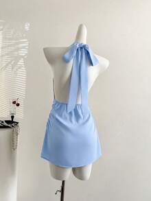 Sweetra European And American Style Solid Color Halter Neck Dress, New Arrival Summer Sexy Backless Fitted Slim Dress - Blue - View 2