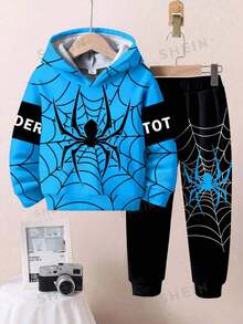 Conjunto informal y lindo de 2 piezas con sudadera con capucha holgada con estampado de araña para niños pequeños, adecuado para otoño/invierno - Multicolor - Ver 2