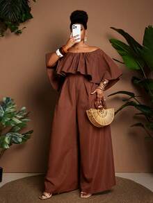 Maweii Plus Size Brown Off Shoulder Cinched Waist Wide Leg Casual Jumpsuit - Brown - View 1