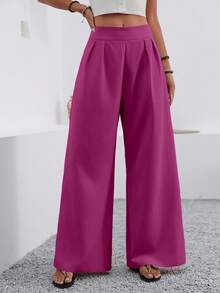 EMERY ROSE Women's Solid Color Pleated Pocket Wide Leg Loose Casual Pants - Red Violet - View 5