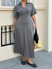 Dazy Plus Plus Size Women's Solid Color Bodycon Pocket Polo Collar T-Shirt Dress, Short Sleeve, Long, Spring/Summer Sundress - Dark Grey - View 4