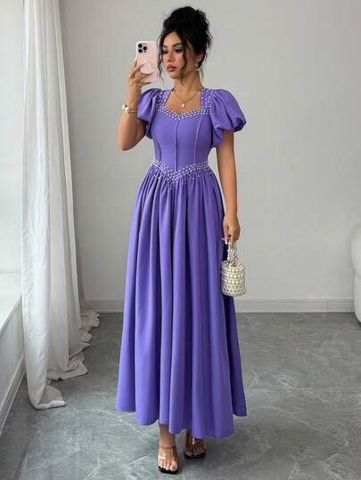 Elenzga Elegant Romantic Fitted A-Line Dress With Pearl Decor, Square Neck, Short Sleeve