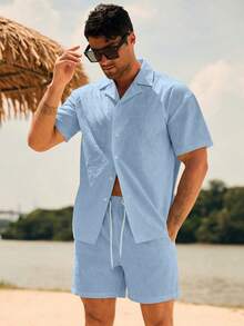 CoralVoy Men's Solid Color Regular Shoulder Short Sleeve Front Button Casual Beach Set, Holiday - Baby Blue - View 4