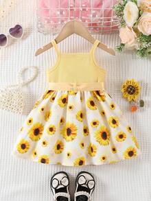 SHEIN Elladie kids 女婴夏季新款黄色罗纹向日葵印花下摆简约可爱甜美无袖连衣裙，配腰带 - 黃色 - 查看 2