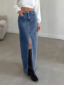 EURMUSE Women's Casual Denim Skirt With Pockets And Side Slit - Dusty Blue - View 4