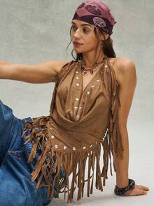 Bohemela 女士休闲纯色编织露背吊带背心 - 棕色 - 查看 3