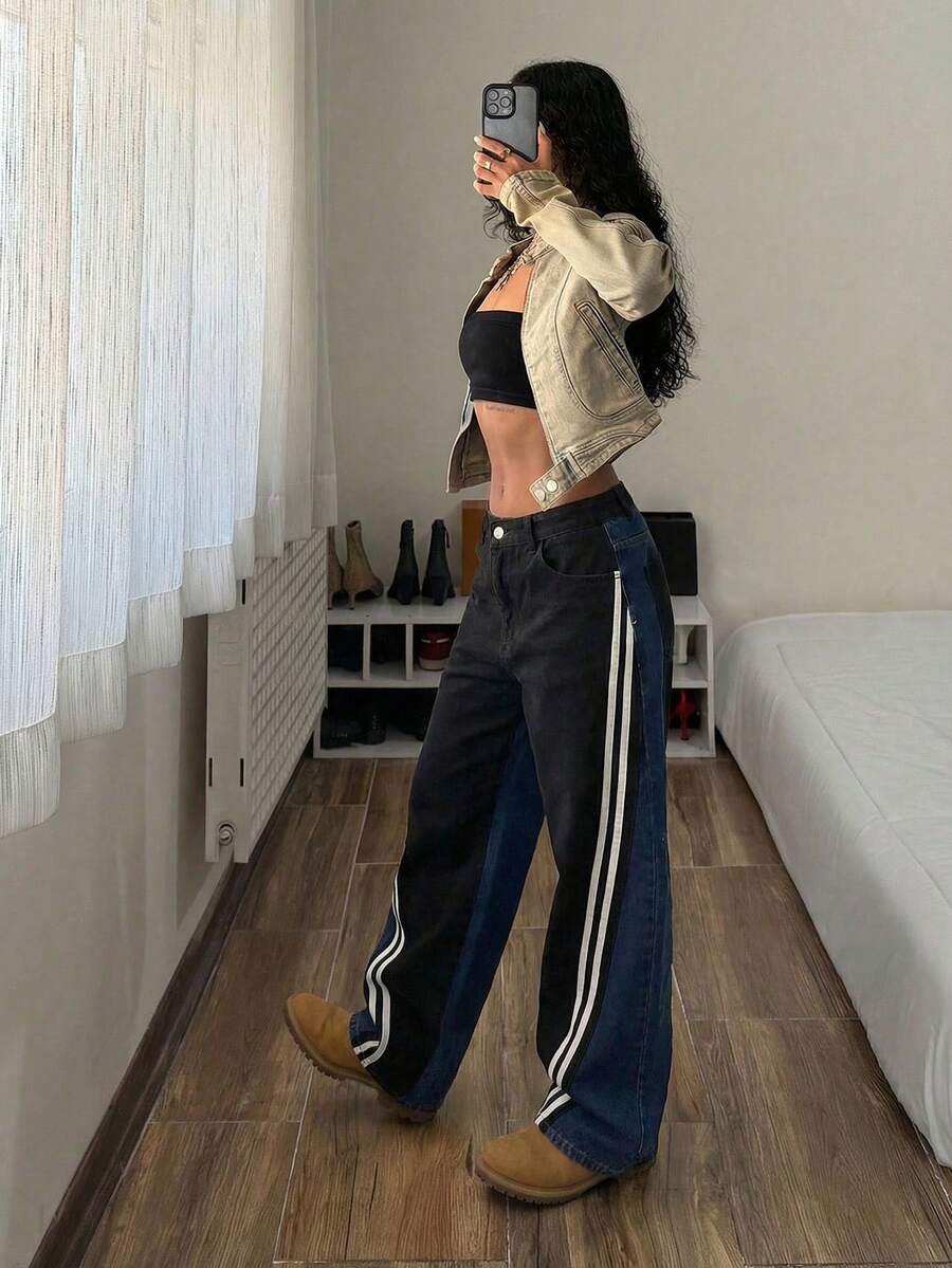 StreetHx 女士时尚休闲运动阔腿直筒牛仔裤 - 黑色 - 查看 1