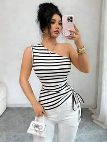 GlowEve Women's Striped Sleeveless Side Drawstring Casual Top - Black and White - View 2
