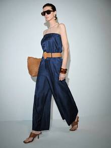Lumivelle Women's Summer Elegant Navy Blue Jumpsuit,Denim Effect Bandeau Top Cinched Waist With Woven Belt,Loose Bottom Casual Retro Holiday Vacay Outfit Sets - Navy Blue - View 8