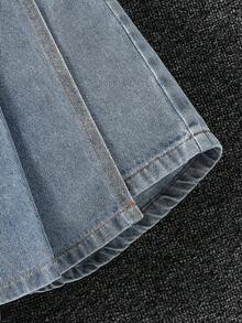 SHEIN Girls'Denim Pleated Skirt Shorts,Light Blue,Summer,Casual,School,Back-To-School,High-Waisted Snug Fit Vintage Acid Wash Cotton-Rich Sweet Chic Style - Light Wash - View 4