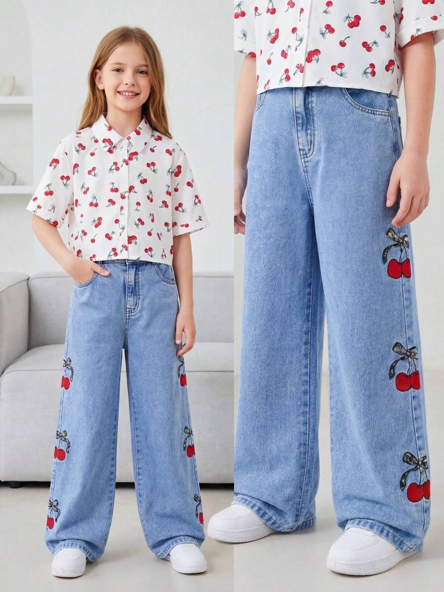Genkimix Kids Teen Girls Blue Summer Cute Jeans,High-Waisted Wide Leg Baggy Denim Pants With Cherry Embroidery,Y2K Casual Holiday Back-To-School Retro Street Style - Light Wash - View 1
