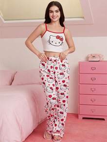 HELLO KITTY AND FRIENDS | SHEIN Women's White Camisole & Pink Trousers Pajamas Set, Cat Pattern, Bow Pattern, Cartoon Cute Y2K, Sweet, Daily, Home, Leisure, Summer - White - View 4