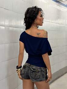 StreetHx Women's Spring/Autumn Asymmetrical Shoulder Short Sleeve Fitted White T-Shirt - Navy Blue - View 2