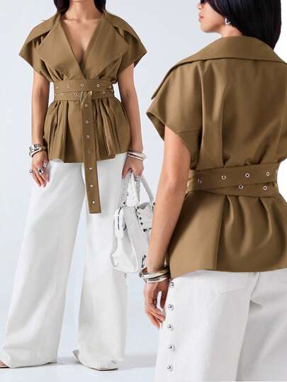 LYSMO 2026 New Arrive Minimalism Spring/Summer Women's Solid Color Lapel NeckWaist Eyelet Button Design Casual Blazer