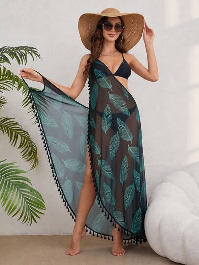 Swim Vcay 女士泳衣罩衫，流苏裹身裙，和服式长袍，适合假日派对、音乐节、复活节、感恩节、海滩派对，波西米亚风，热带树叶和树枝网纱图案，休闲居家海滩泳池度假装，春夏款