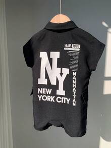 SHEIN 新生儿男女宝宝黑色字母印花翻领短袖连体衣，春夏时尚装扮 - 黑色 - 查看 4