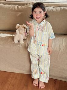 DAZY Young Girl Striped Short Sleeve Button-Up Pocket Top And Pants Loungewear Set - Multicolor - View 8