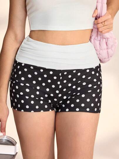 Medorelle Women's Polka Dot Contrast Color Slim Fit Casual Shorts, Versatile For Summer