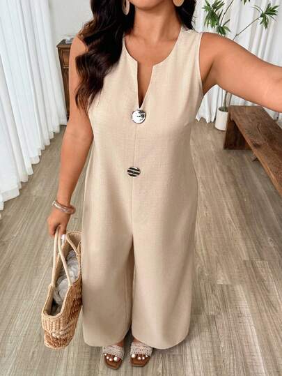 Weeklong Plus Size V-Neck Sleeveless Loose Jumpsuit