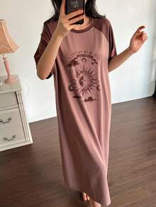 DAZY 太阳图案插肩袖长连衣裙，女士夏季睡衣 - 棕色 - 查看 5