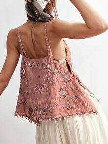 Bohemela Women's Summer Casual Sequin Embroidery Pendant Decor Camisole - Coffee Brown - View 6