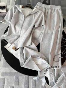 Resyla 2pcs/Set Women's Casual Sports Zip-Up Hoodie & Sweatpants - Grey - View 1