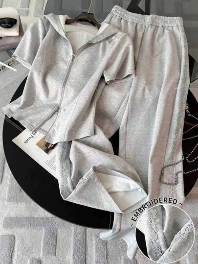 Resyla 2件套 女士休闲运动拉链连帽衫和运动裤