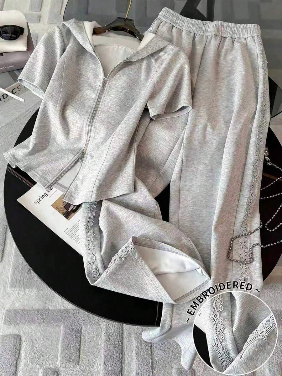 Resyla 2pcs/Set Women's Casual Sports Zip-Up Hoodie & Sweatpants - Grey - View 1