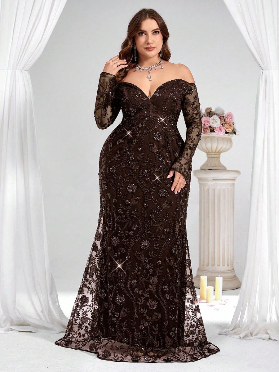 Coutiva Plus Size Women's Off Shoulder Sequin Luxurious Formal Evening Gown (Heavy Embellishment) - Brown - View 1